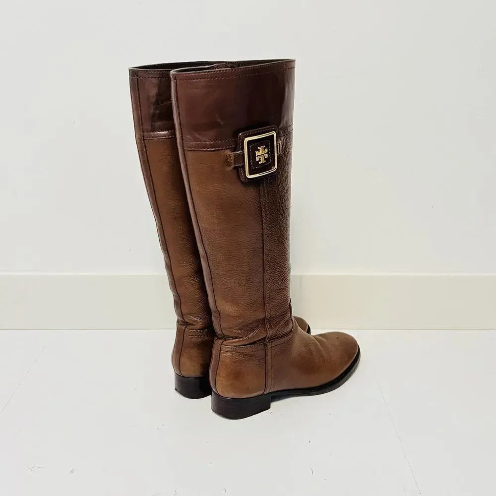 Tory Burch Boots Womens 7 Brown Leather Knee High Riding Logo Buckle Zip Shoes